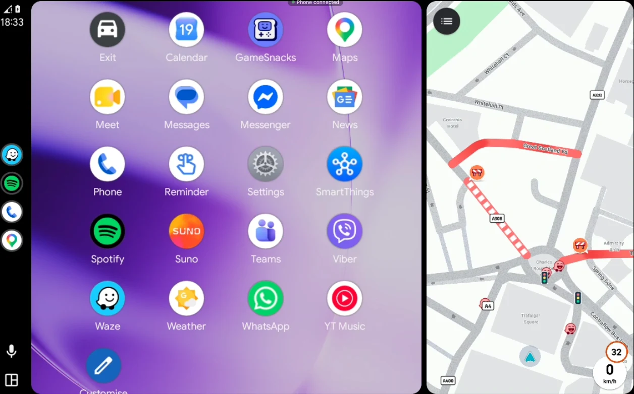 The Android Auto app launcher on the car screen, with Waze running beside it.