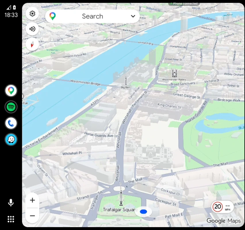 Google Maps in Android Auto on the car screen, showing Westminster and Trafalgar Square in London.