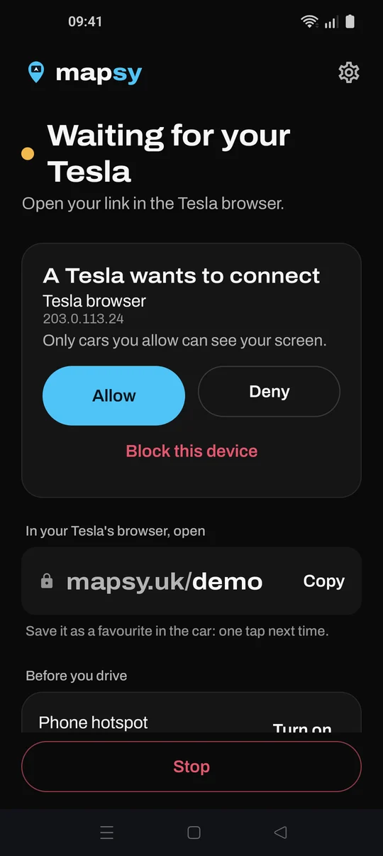 Mapsy asking whether to allow the Tesla browser, with Allow and Deny.