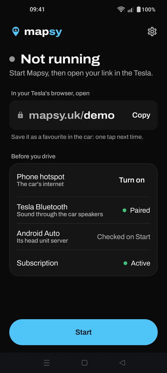 The Mapsy app on a phone: Not running, the car link, and the checks before a drive.