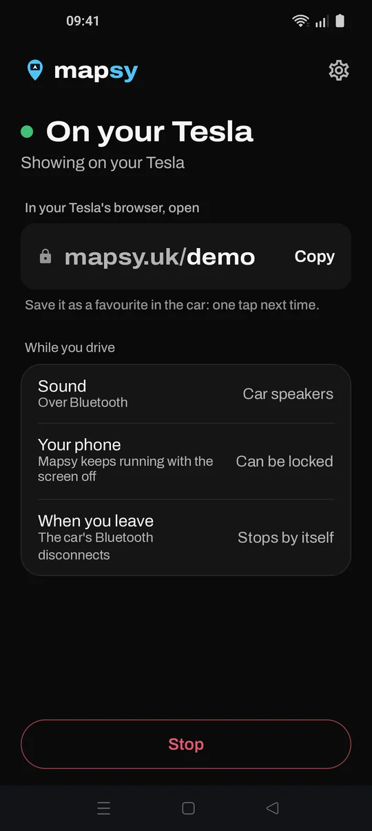 Mapsy showing on the Tesla, with what to expect while driving.