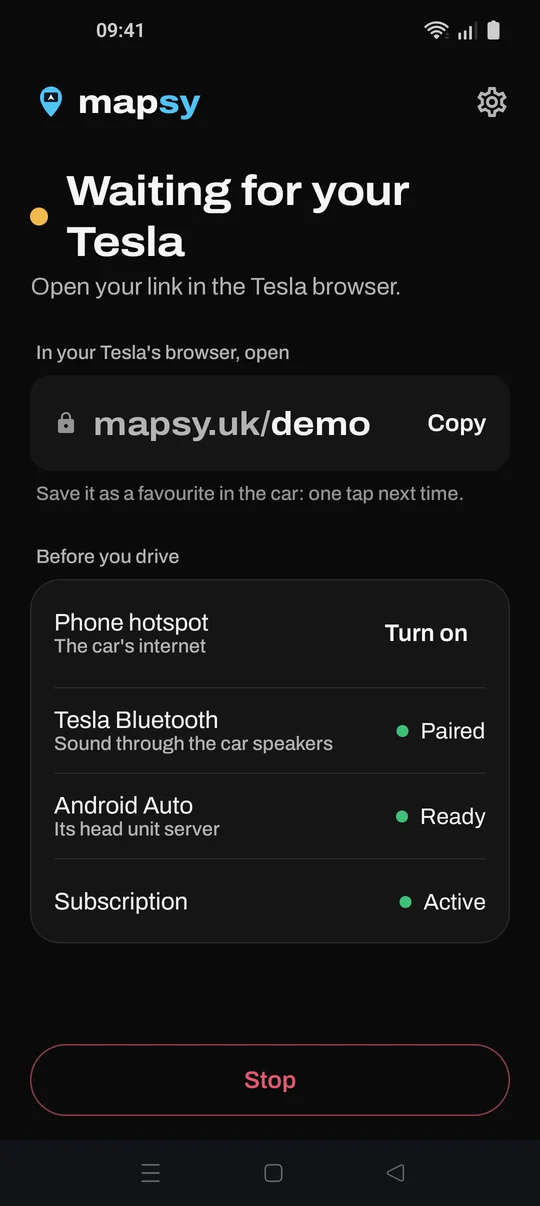 Mapsy waiting for the Tesla, with the link to open in the car browser.